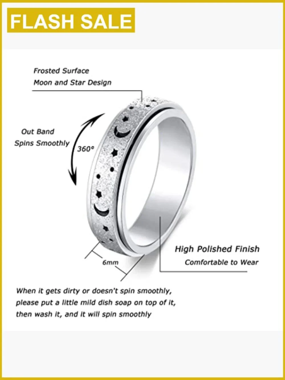 6mm Stainless Steel Spinner Fidget Ring Set for Anxiety Stress Relief Size 5-11